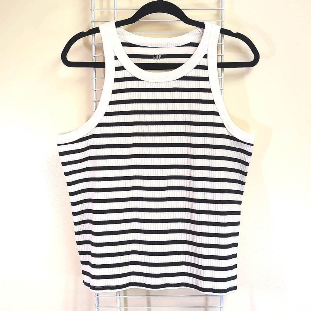 Gap XL Black & White Stripe High Neck Ribbed Sleeveless Women's Tank Top